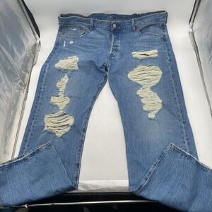 Levis 501 Jeans Button Fly Mens 42x34 Distressed Thrashed Destroyed Denim